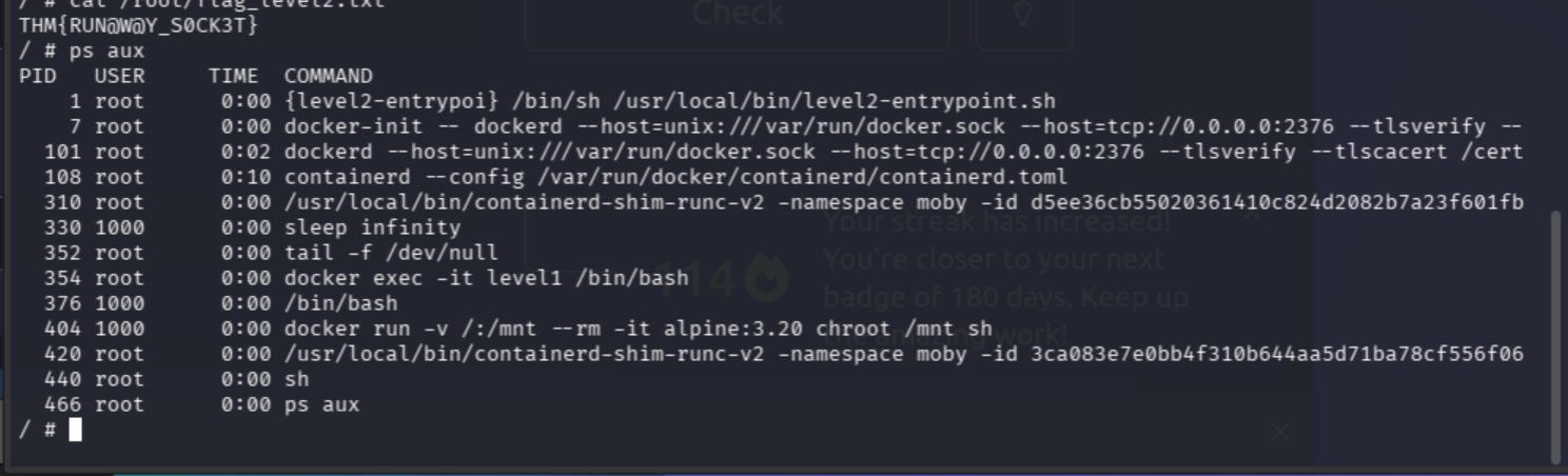 ps aux showing dockerd containerd processes
